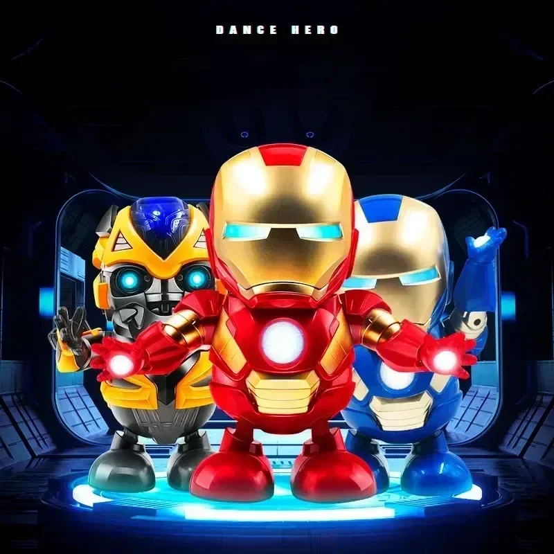 

19cm Marvel Anime Iron Man Dance Action Figures Sing Sound Led Spiderman Avengers Ironman Super Heros Robot Toy Children Gift