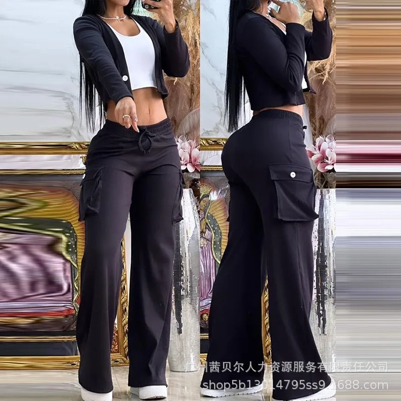 Wepbel Y2K Short Cardigan Tops Women Two Piece Trousers Outfits Casual Buttoned Crop Top & Pocket Design Drawstring Pants Set