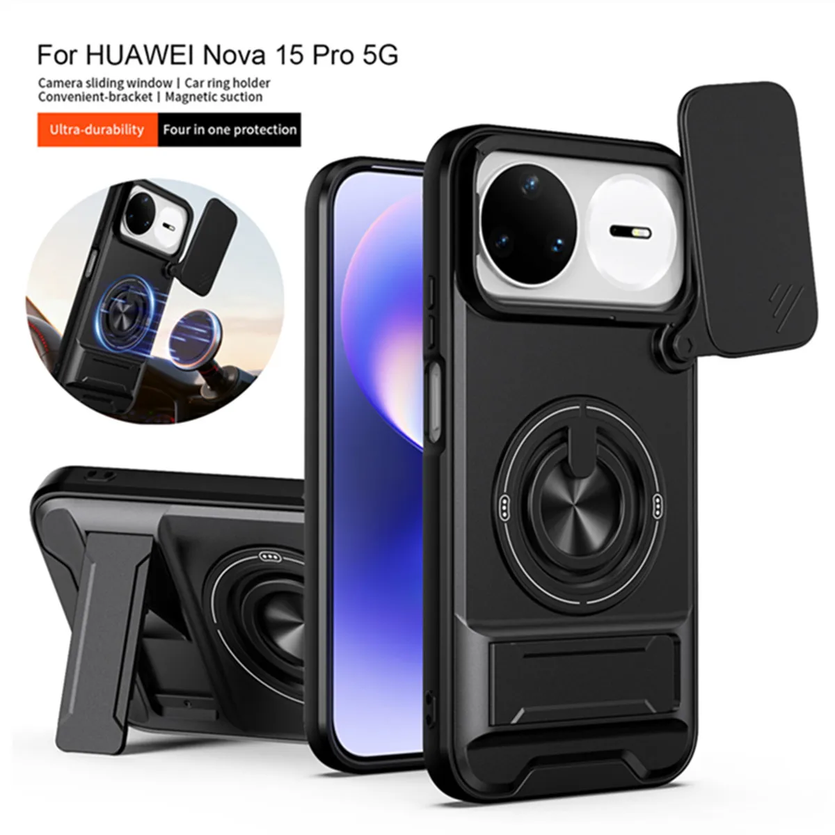 Enhanced Armor Case with Car Magnetic Holder, Ring Stand & Slide Lens Protector - Durable Back Cover