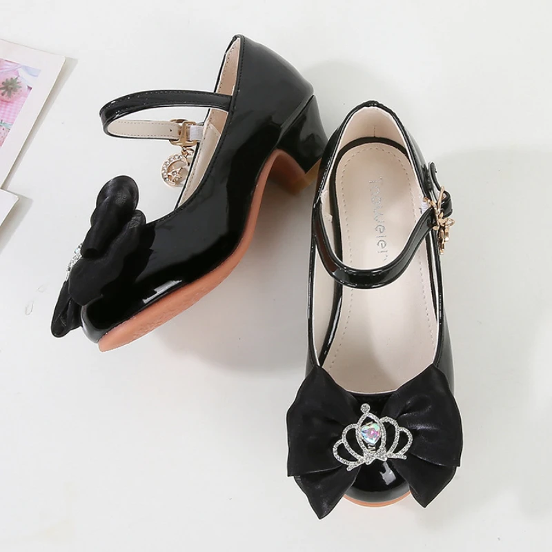 Children Girl Dance Dress Shoes Fashion Crown Bowknot Kids Leather Shoe Spring Wedding Princess High-heels Single Shoes