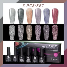 

BOZLIN 6Pcs Reflective Glitter Gel Nail Polish Set Semi Permanent Soak Off Nail Art Dark Flashy Gel Sparkling Holographic Gel