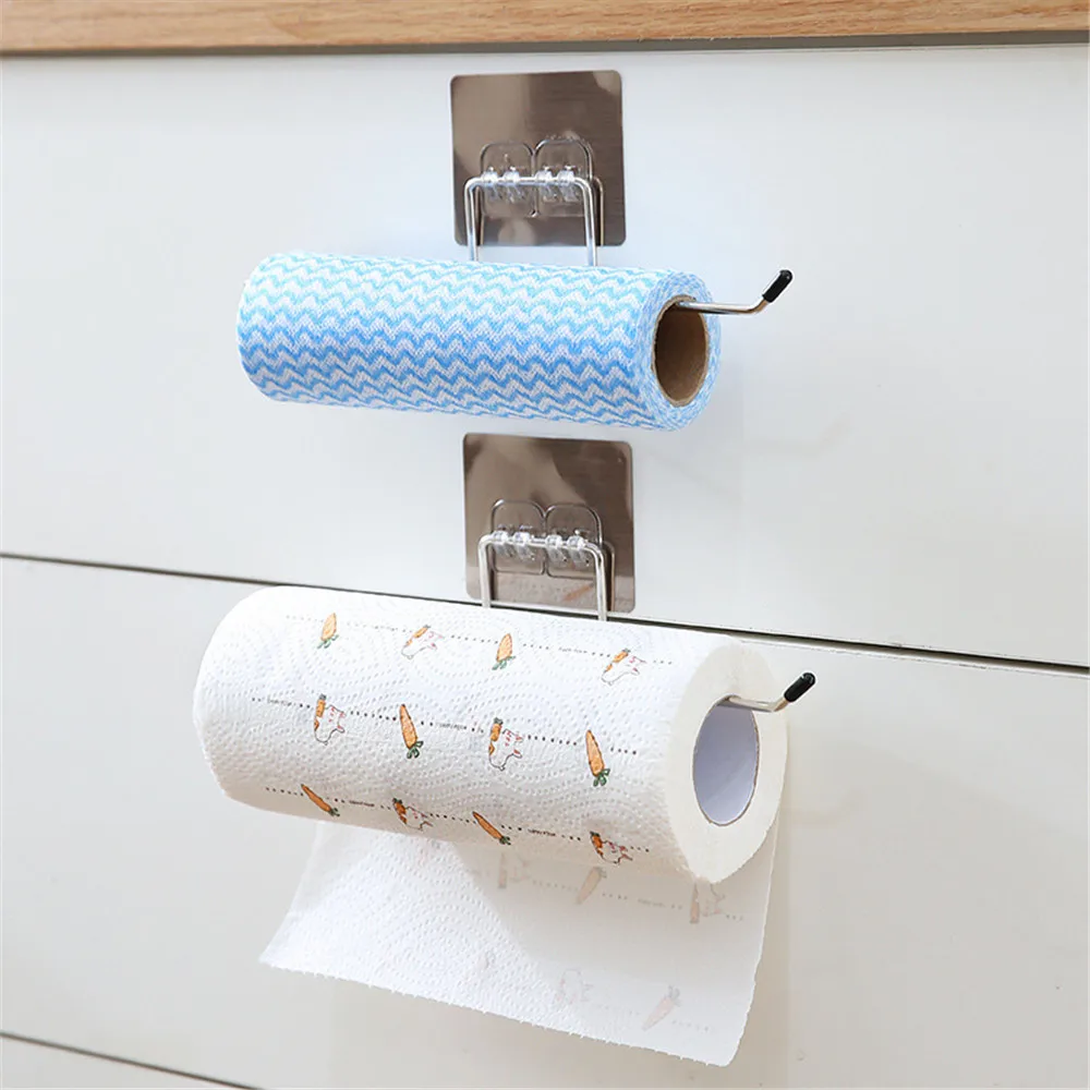 Self-adhesive Towel Holder Rack Kitchen Under Cabinet Towel Cup Paper Hanger Rack Organizer Bar Shelf Roll Holder Bathroom