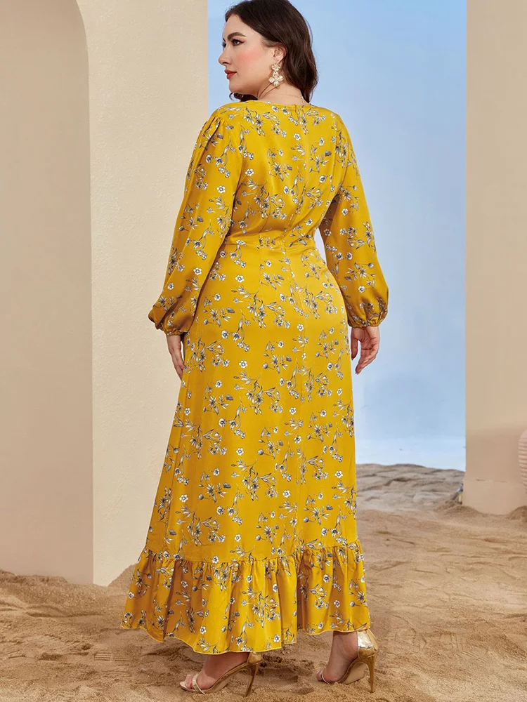 Plus Size Women Elegant Party Evening Maxi Dresses 2023 New Spring Autumn Yellow Long Sleeve Casual Floral Print Formal Clothing
