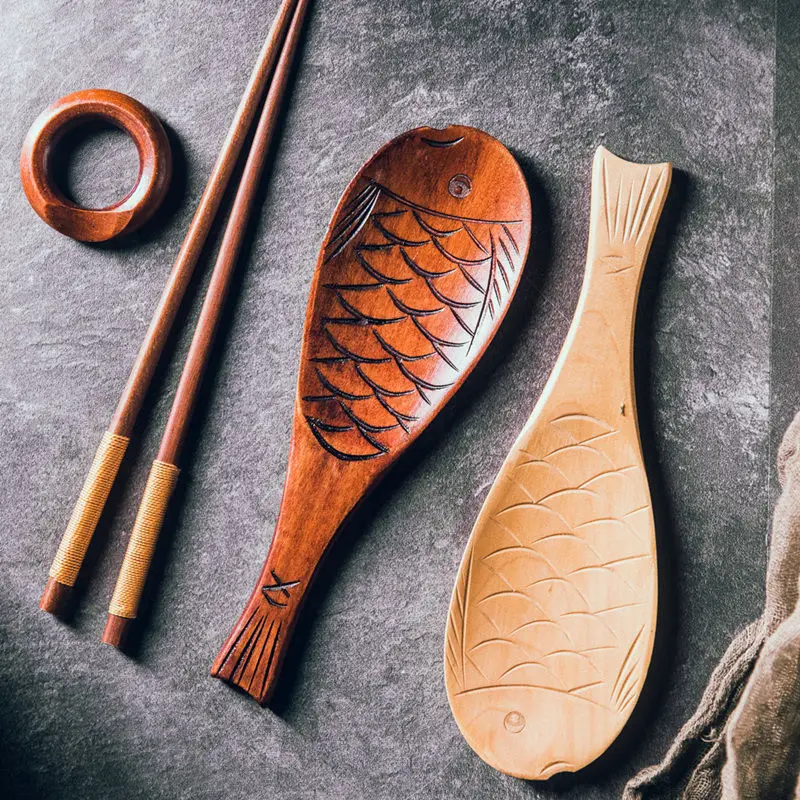 Retro Japanese Creative Fish Shape Rice Spoon Cute Nature Wooden Non-stick Rice Shovel Scoop Kitchen Cooking Utensils Supplies wooden cooking spoon cooking scoop