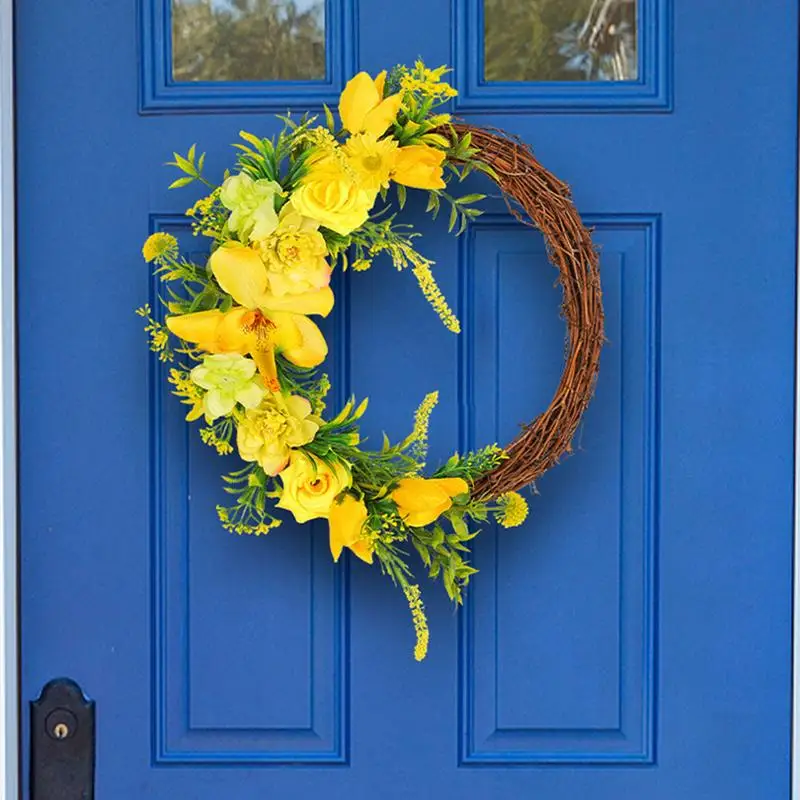 

Aesthetical Yellow Roses Realistic Spring Wreath Useful Convenient Yellow Roses Durable Christmas Wreath for Front Door Decors