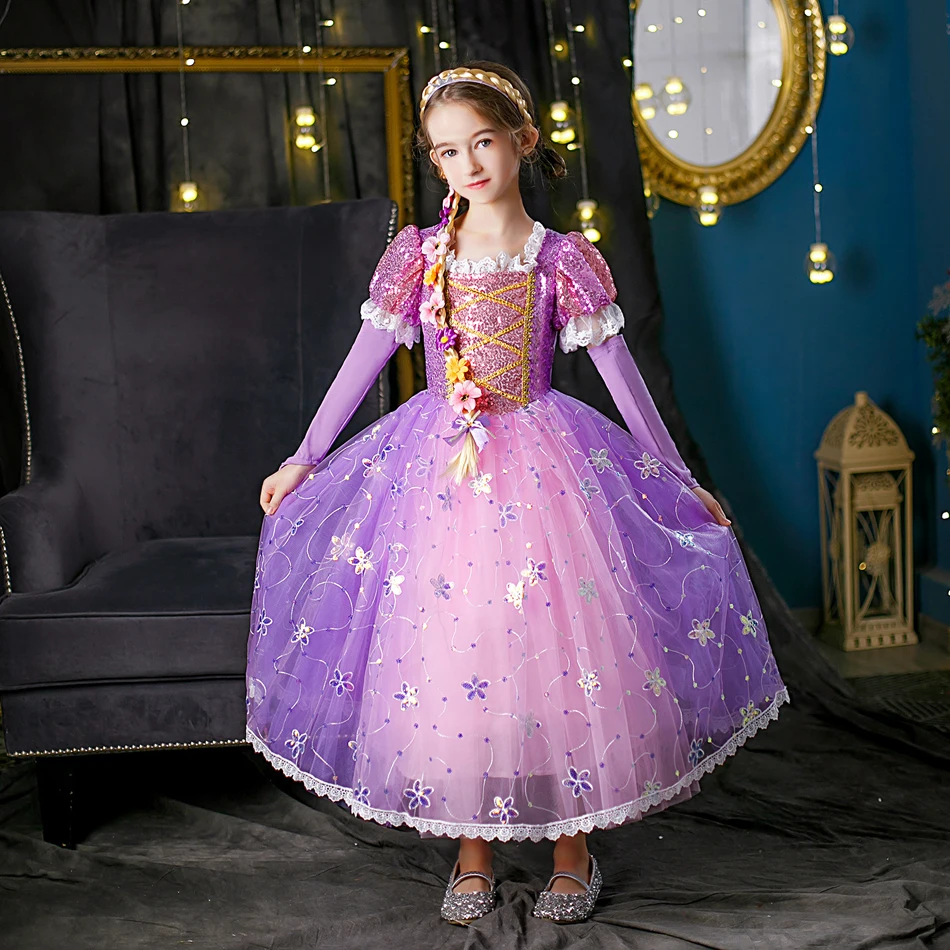 Rapunzel Prinzessinnenkostüm Für Mädchen – Glitzerndes Discoball-Kleid Mit Rosa & Lila Für Halloween Oder Geburtstag