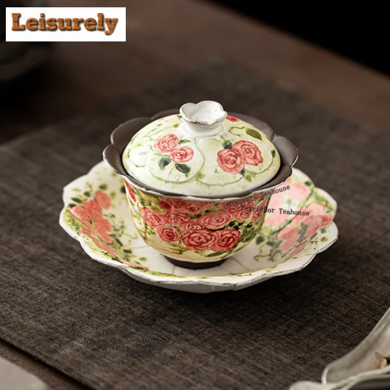 130ML Oil Painting Rose Flower Mouth Gaiwan Aesthetic Tea Tureen Tea Bowl with Lid Kit Tea Brewing Cover Bowl Tea Services Craft