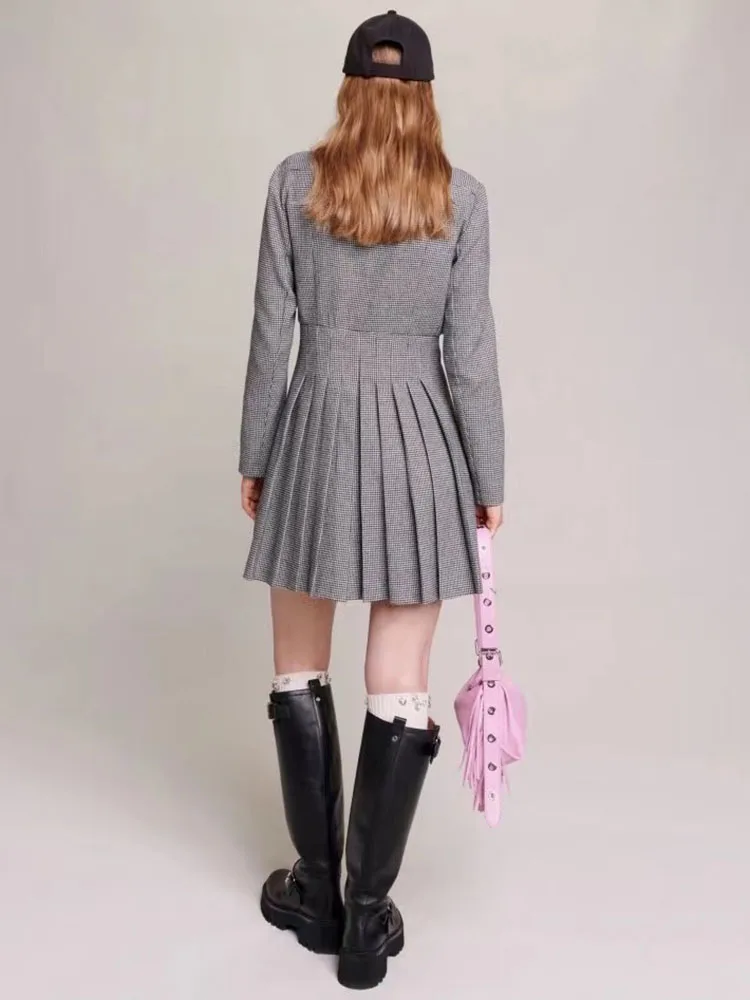 Y2K 용수철 여름 격자 무늬 색상 충돌 플리츠 V 넥 긴 소매 울 긴 드레스, 댄스 파티용 허리 슬리밍 드레스, 2024 