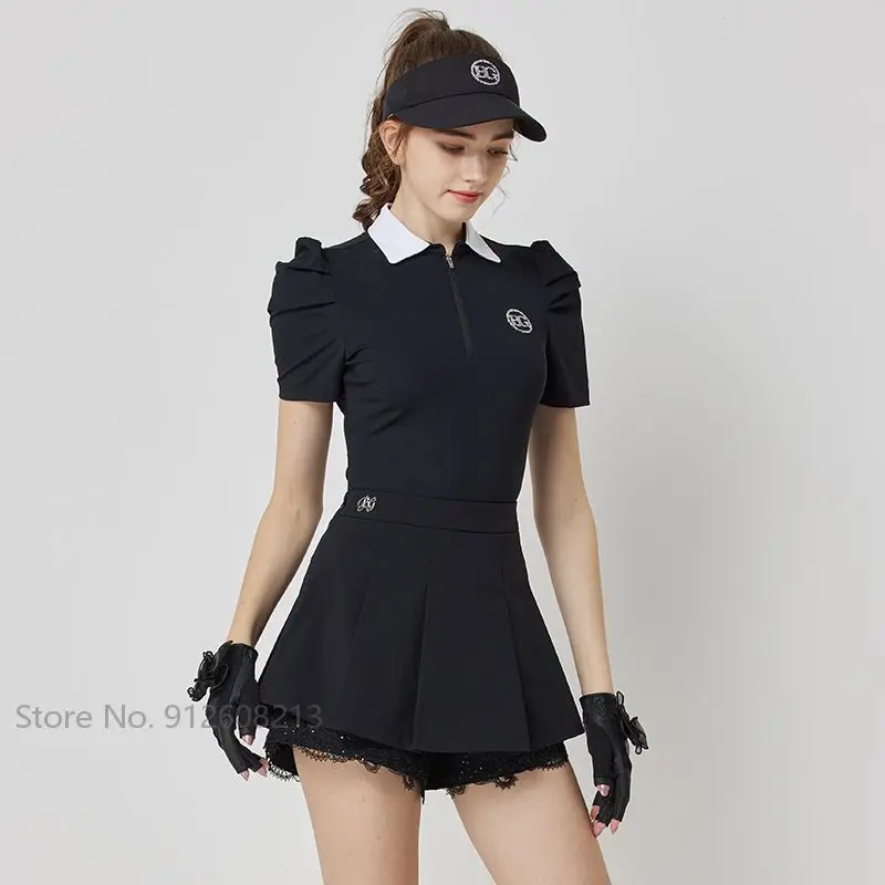 Blktee Puff Sleeves Dry Fit Tops Lady Slim Pleated Golf Skirt Women Leisure Lapel T-shirt A-lined Skirts with Inner Shorts Set