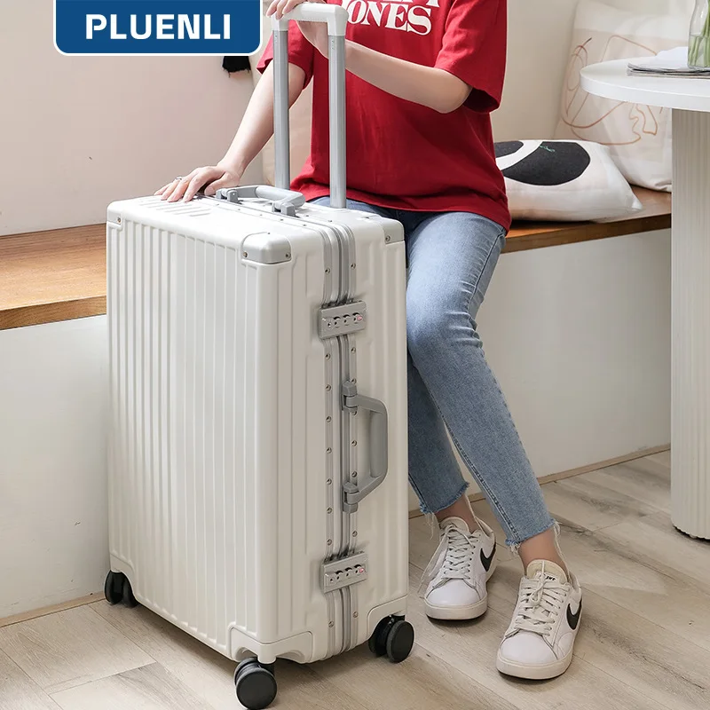 

PLUENLI Classic Retro Aluminum Frame Suitcase Trolley Case Hard Shell Suitcase Checked Universal Wheel Luggage Boarding Bag