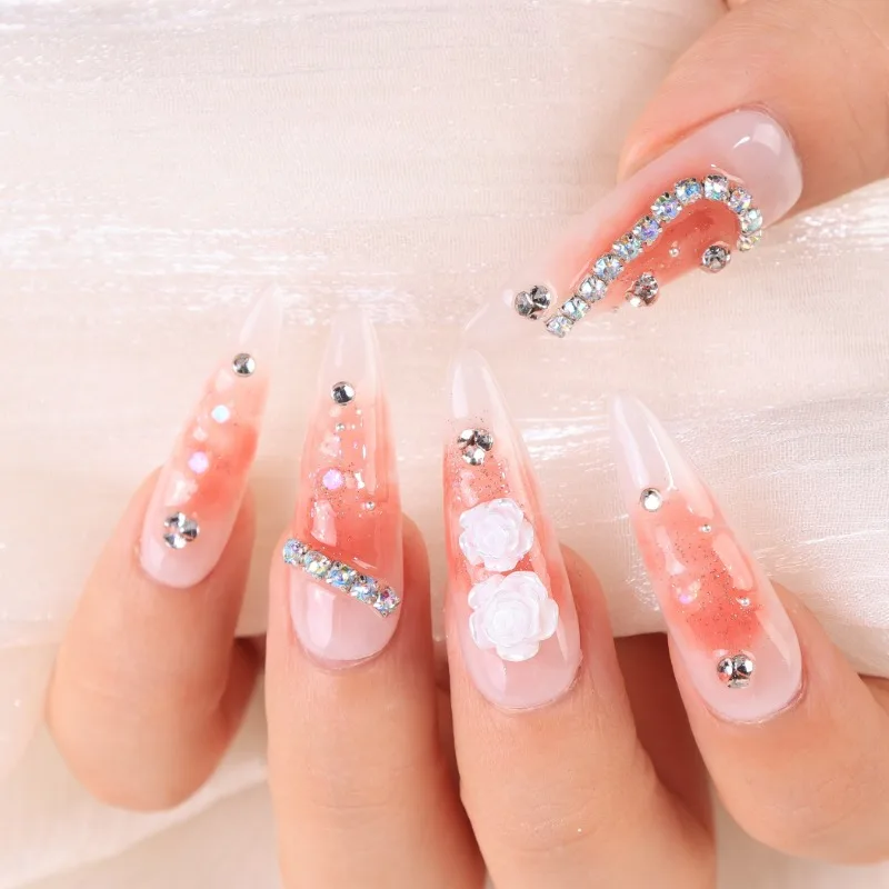 

10 Piece Luxury Handmade Almond-Shaped Press-On Nails in Pink with Rhinestones & Camellia Design Glossy Finish