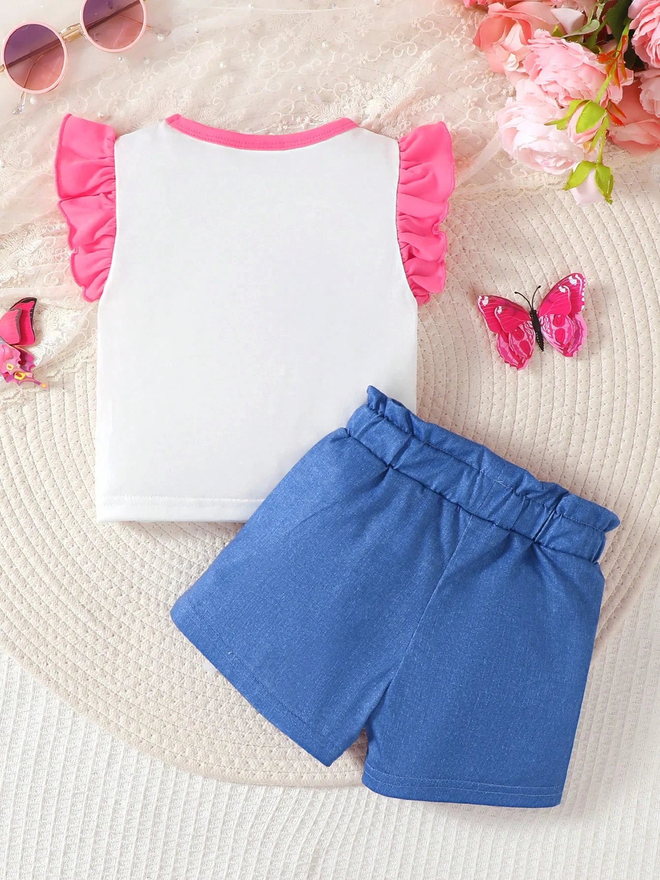Baby Girl 2PCS Fashion Summer Outfit Set Butterfly Print Ruffle Sleeve T-Shirt + Denim Shorts for 0-3Y Newborn Casual Clothes 2