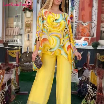 LKF 2024 Street Casual Women's Colorful Printed Chiffon Bat Sleeve T-shirt Loose Wide Leg Pants Two Piece Wholesale