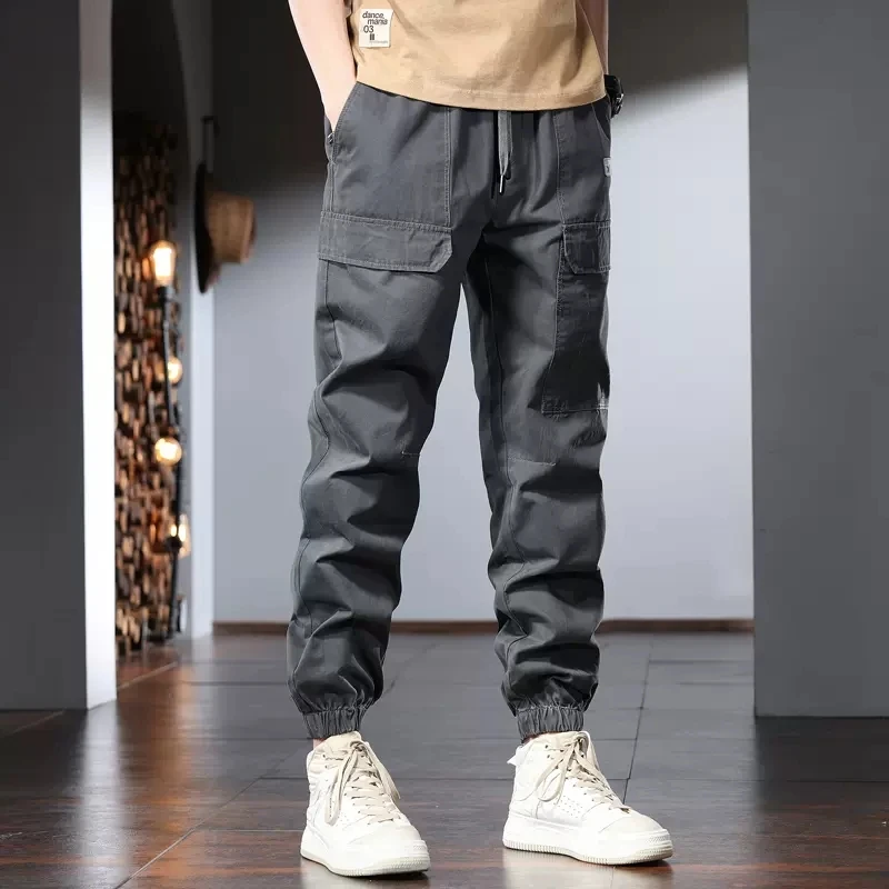 Summer Khaki Cotton Men's Cargo Pants Streetwear Tactical Casual Loose Elastic Waist Trousers