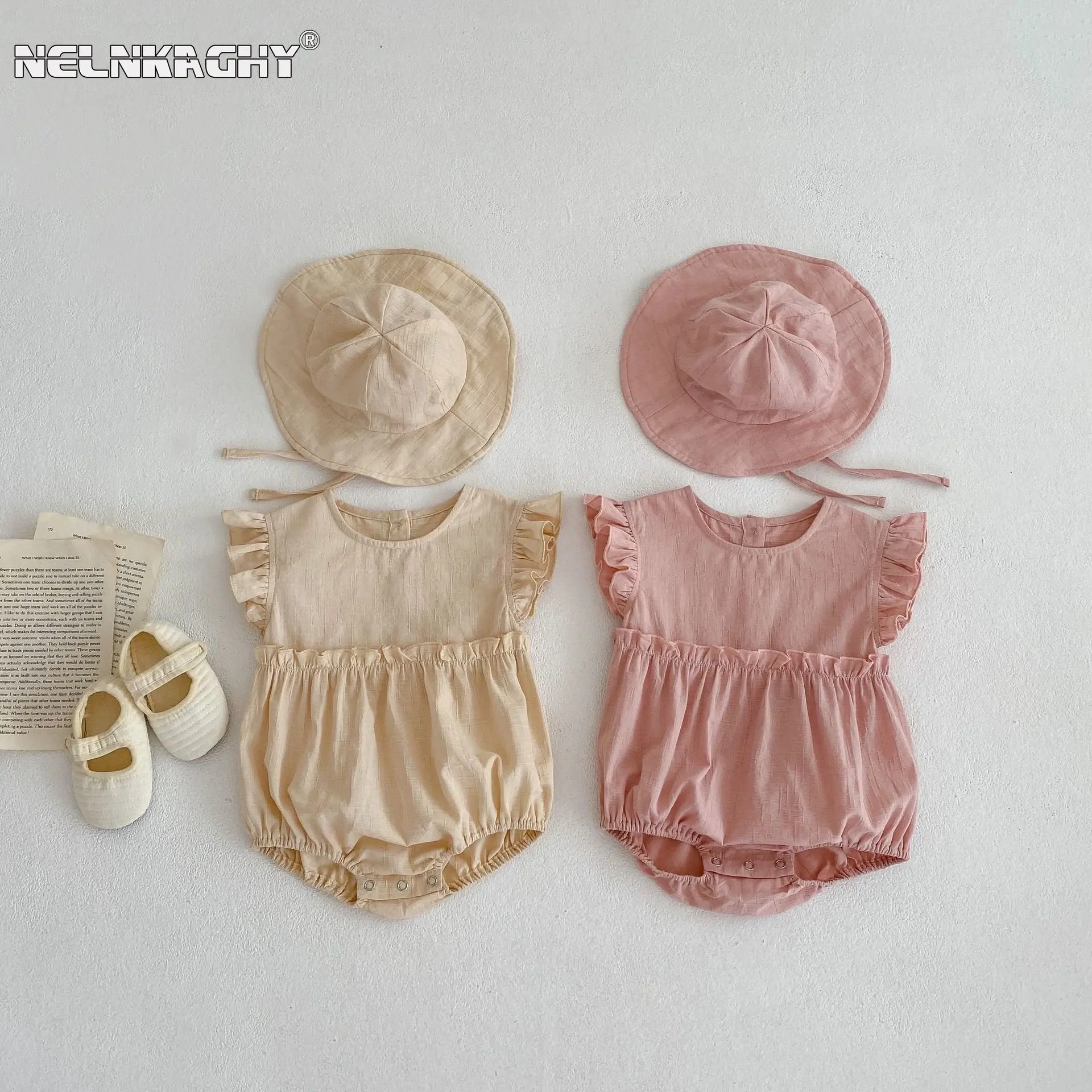 

New Summer Infant Baby Girls 2Pcs Set: Flutter Sleeve Bodysuit+Sun Hat in Solid Color Triangle Climbing Suit for Toddlers 0-24M