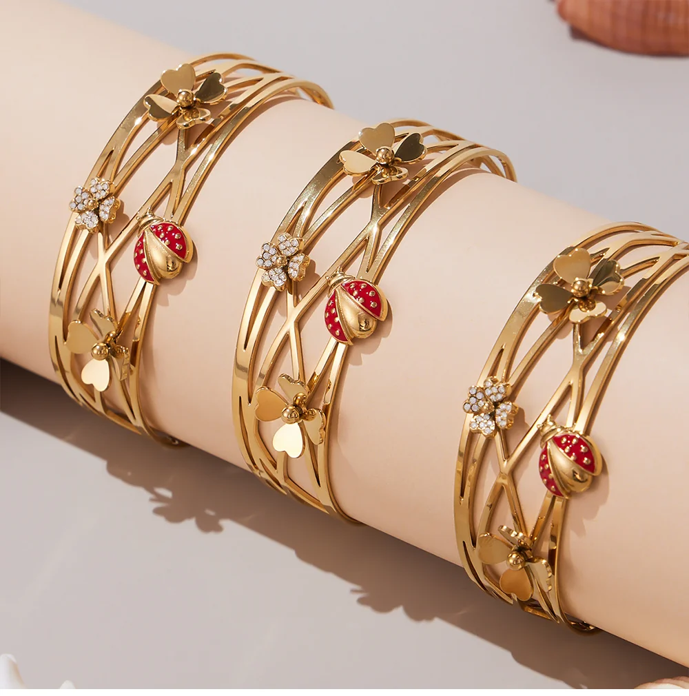 Mehrschichtiger, glänzender Zirkon-Edelstahl-Vergoldeter Manschettenarmreif für Damen, rot, grün, Emaille, Käfer, Schildkröte, Seestern, Blumenarmband – Detail 15