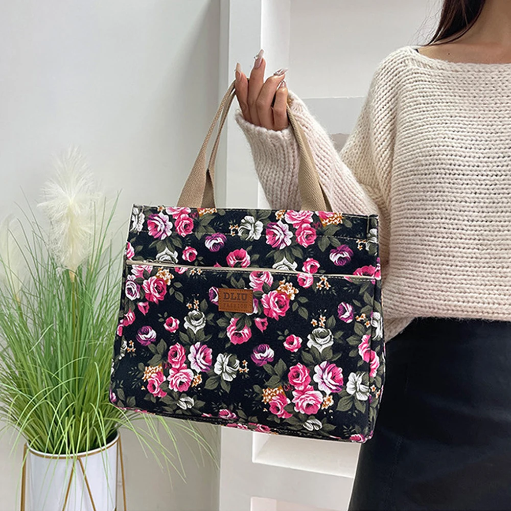 Bento Bag For Picnic Travel Fashion Floral Print Tote Bag Portable Canvas Lunch Bag Women's Casual Handbag lunch bag