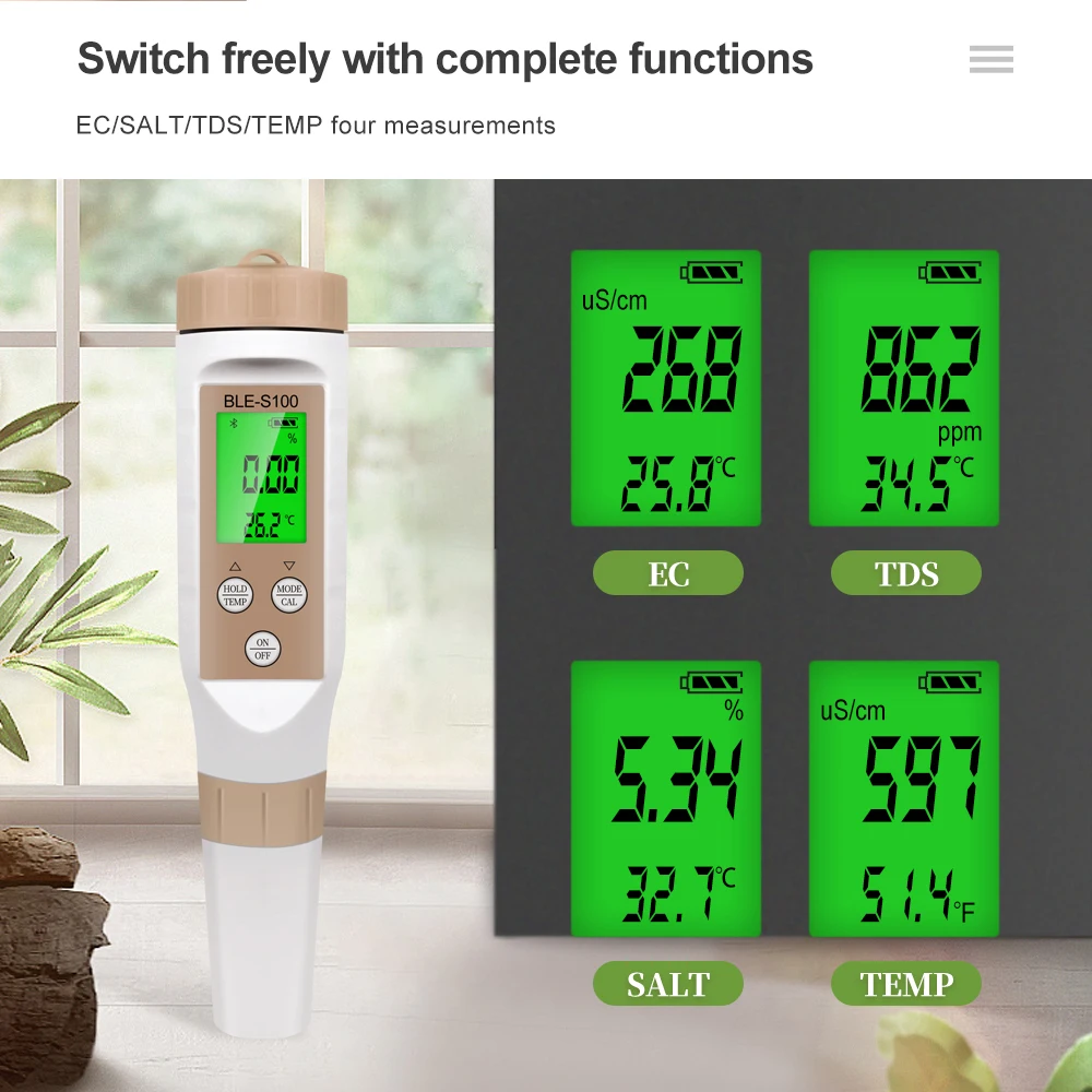 4 in 1 Blue-Tooth EC TDS TEMP Salinity Meter for Aquarium Aquaculture