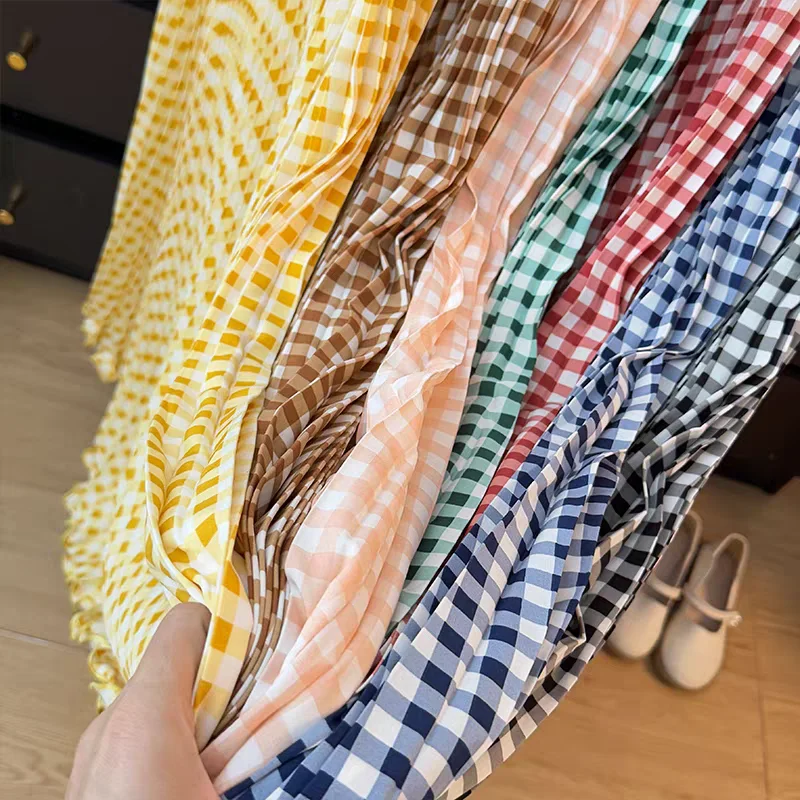 Spring Summer Tall Women's High Waist Pleated Skirt - Korean Elegant Ruffle Trim Flared Maxi Skirt with Wide Hem