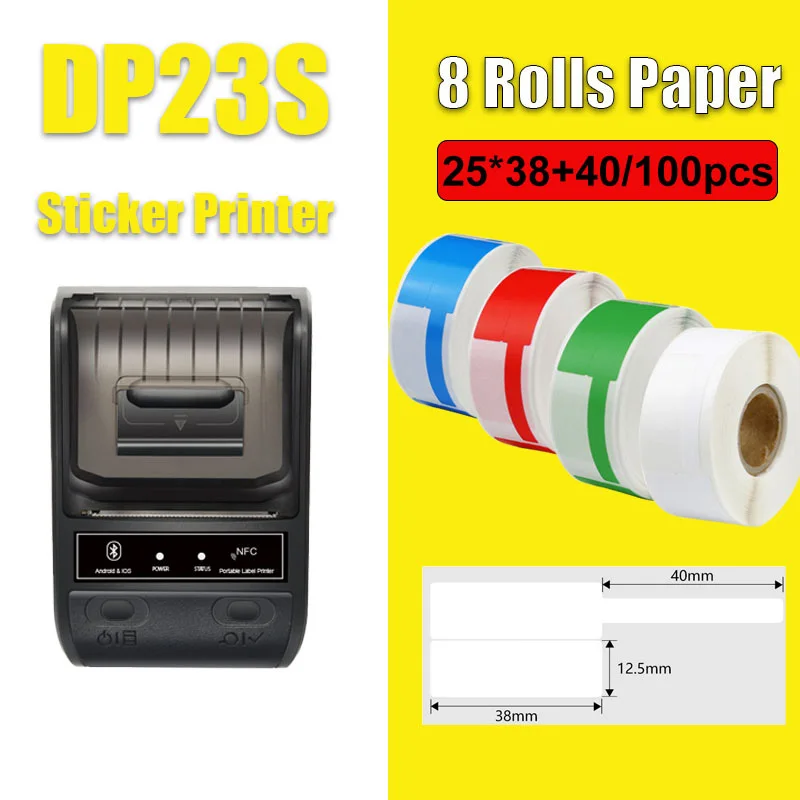 DETONGER DP23S 20-50mmThermal 라벨 프린터 플러스 10 롤 용지 다기능 미니 Adhensive 핸드 바코드 스티커 메이커