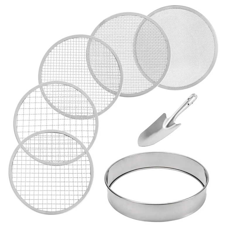 

Soil Sifter Stainless Steel Riddle Sieve Set For Gardening With 5 Sizes 8In Diameter 1/3/6/9/12Mm Interchangeable Meshes Durable