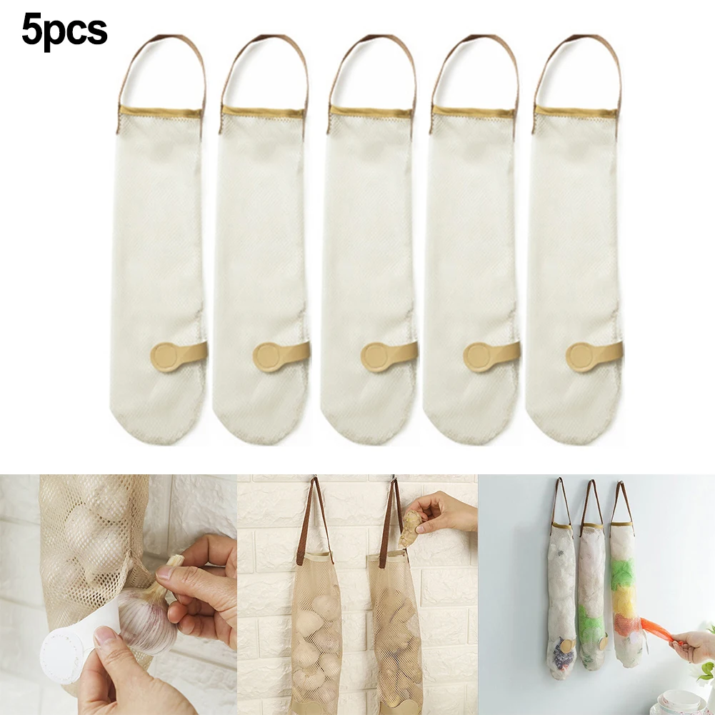 

5Pcs Mesh Net Reusable Hanging Storage Bags Fruit Vegetable Garlic Onion Organizer Home Hollow Mesh Bag Kitchen Accessories
