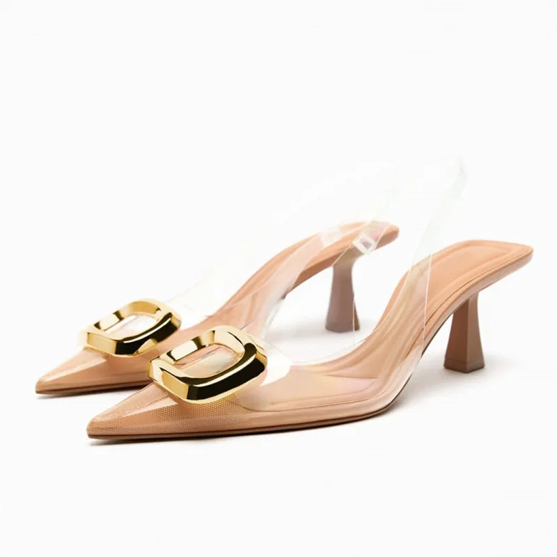 Pointed High-heels Sandals TRAF Summer Transparent PVC Gold Decoration Slingback Woman Pumps Mules Fashion Lady Shoes