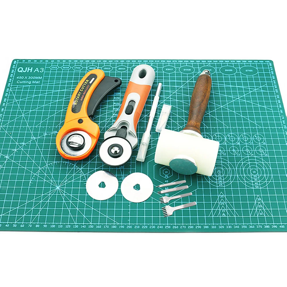 Professional Self-Healing Double-Sided PVC Cutting Mat Rotary Blade Compatible Hammer Hole Punches Leather Tool Set Sewing