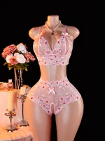 Ensemble de lingerie sexy pour femme, soutien-gorge ouvert en dentelle rose, culotte sans entrejambe, lingerie féminine, sling séduisant, sous-vêtements transparents fétichistes 2
