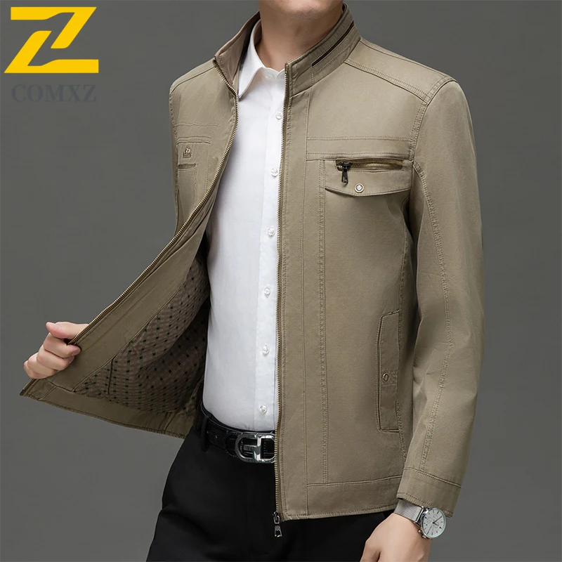 Men Business Casual Jacket Stand Collar Windproof Water-Resistant Spring Autumn Outerwear Lightweight Office Wear Travel Coat