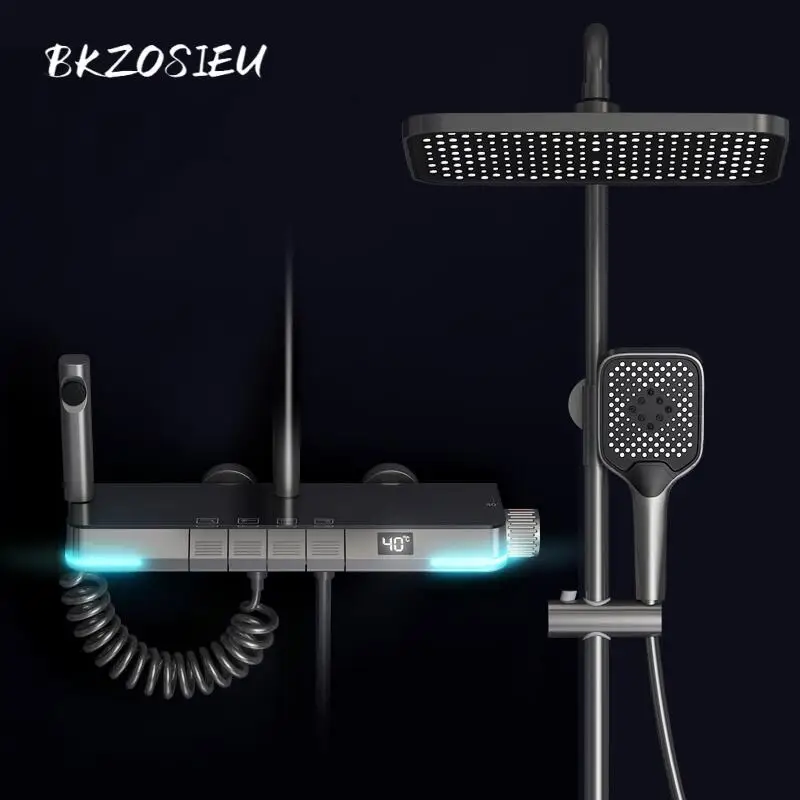 

BKZOSIEU Hot Cold Shower Set Bathroom LED Digital Shower System Piano Button Modern Atmosphere Light Bath Tap Thermostatic