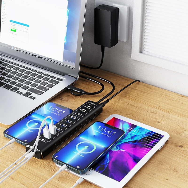RSHTECH 20W USB C PD Fast Charging 10-Port USB Hub with 10Gbps Data Transfer Aluminum USB Splitter for Laptop PC Computers 6