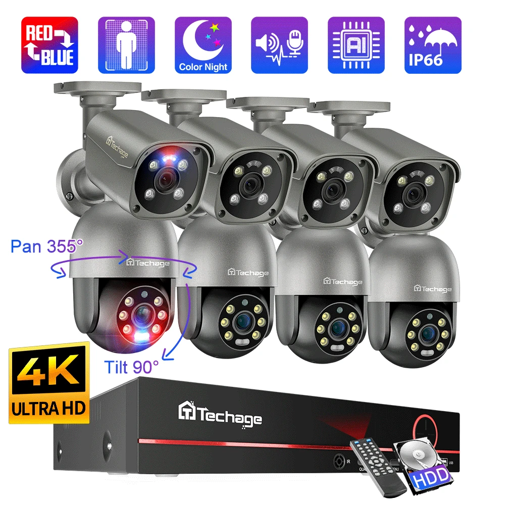 Techage 8CH 4K UHD 8MP PTZ POE Camera System Outdoor AI Human Detect Two-way Conversation CCTV Video Surveillance H.265 NVR Kit