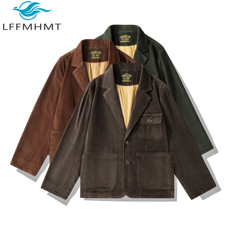 Cotton Corduroy Blazer for Men America Style Good Quality Jacket Multi-pocket Business Casual Solid Color Simple Basic Coat