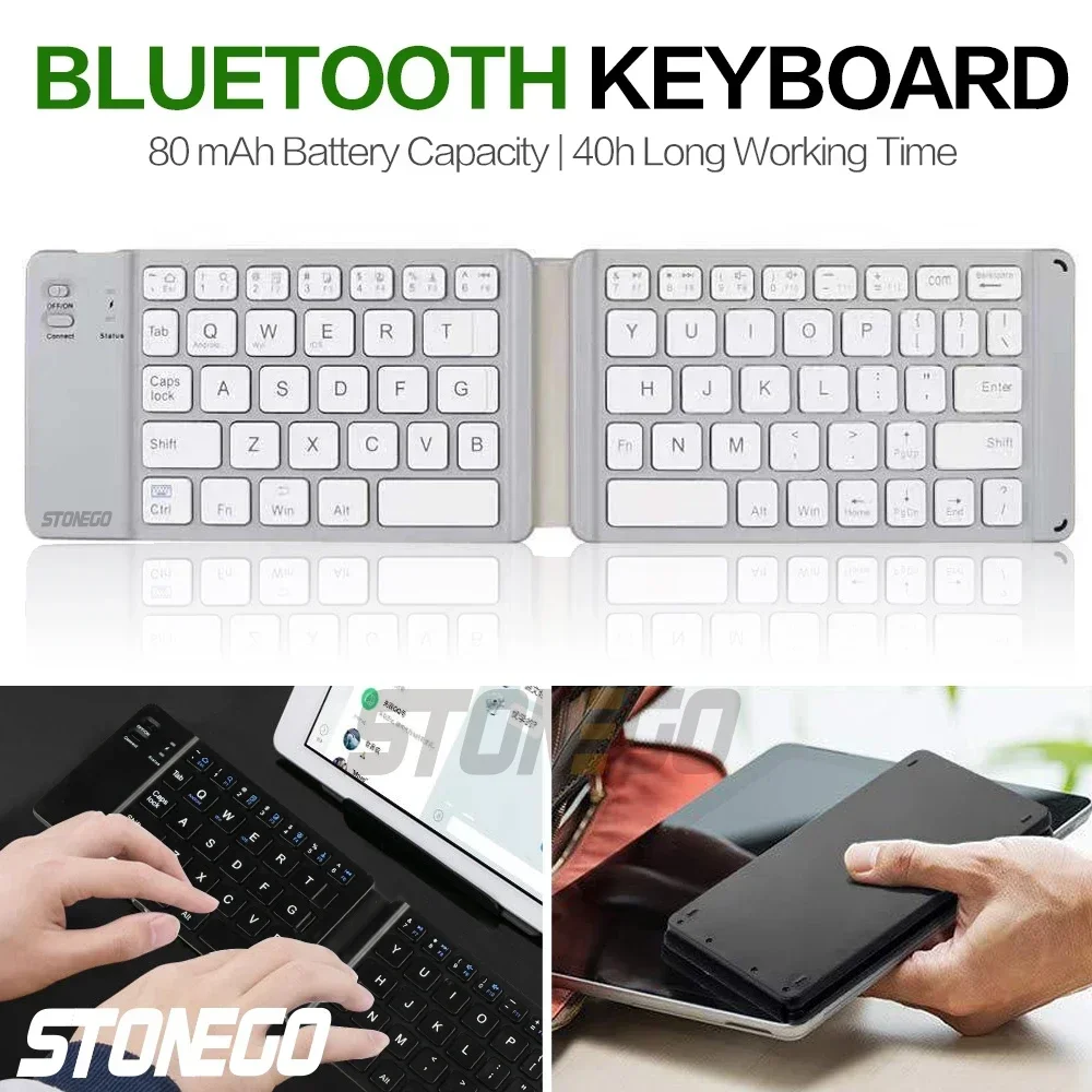 STONEGO Foldable Bluetooth Keyboard Portable Wireless Keyboards with Rechargeable Ultra Slim Folding BT Silent Key Board