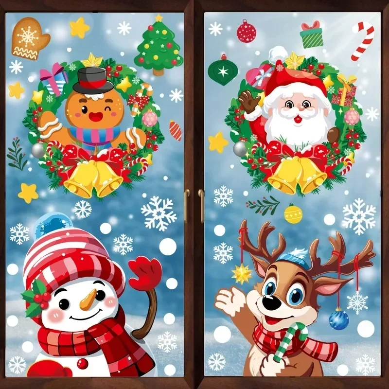 Christmas Window Glass Films Static Cling Stickers Cartoon Santa Claus Xmas Wreath Gingerbread Man Happy New Year Sticker