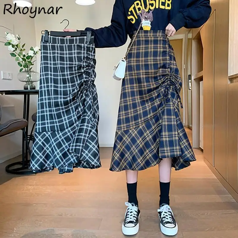 

Plaid Skirts Women Midi Shirring Leisure Ulzzang Vintage Chic Summer Preppy Style Sweet Gentle Literary All-match A-line Faldas