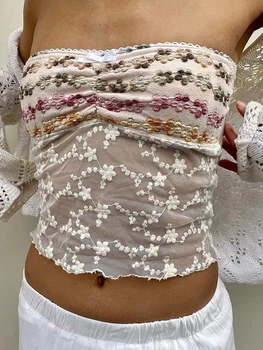 Women Crop Vest Tops Sleeveless Off Shoulder Floral See Through Casual Party Summer Spring Shirt 4