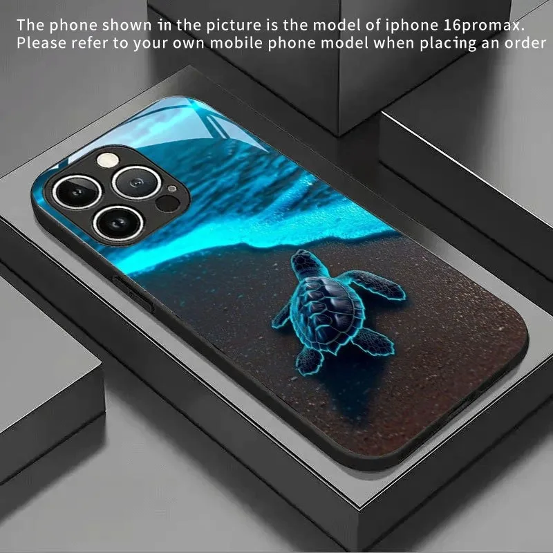 Fluoreszierendes Schildkröten-Strandmuster Gehärtetes Glas Handyhülle für iPhone 17 16 15 14 13 12 11 Pro Max 17 Air 7 8 Plus XR XS X Cover