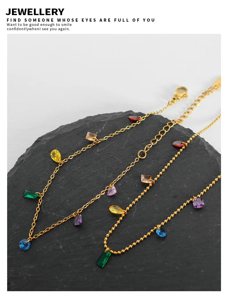 Leicht Luxuriöses Modisches Halsketten-Armband-Set Regenbogen-Zirkon Farbloses Damen Edelstahl-Schmuckset – Detail 10
