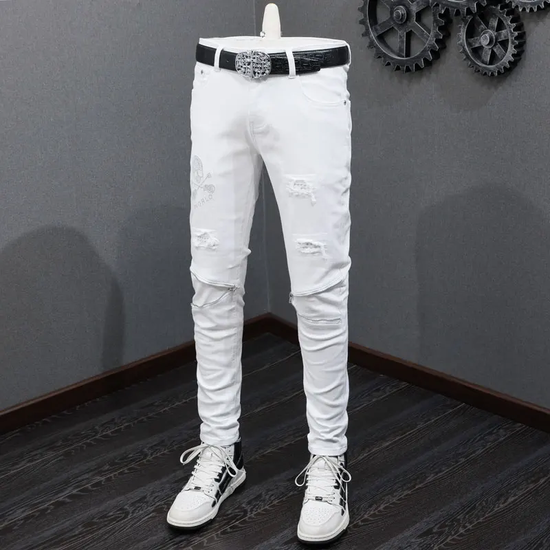 Street Fashion Men Jeans White Color Elastic Slim Fit Spliced Biker Jeans Men Punk Trousers Zipper Designer Hip Hop Pants Hombre