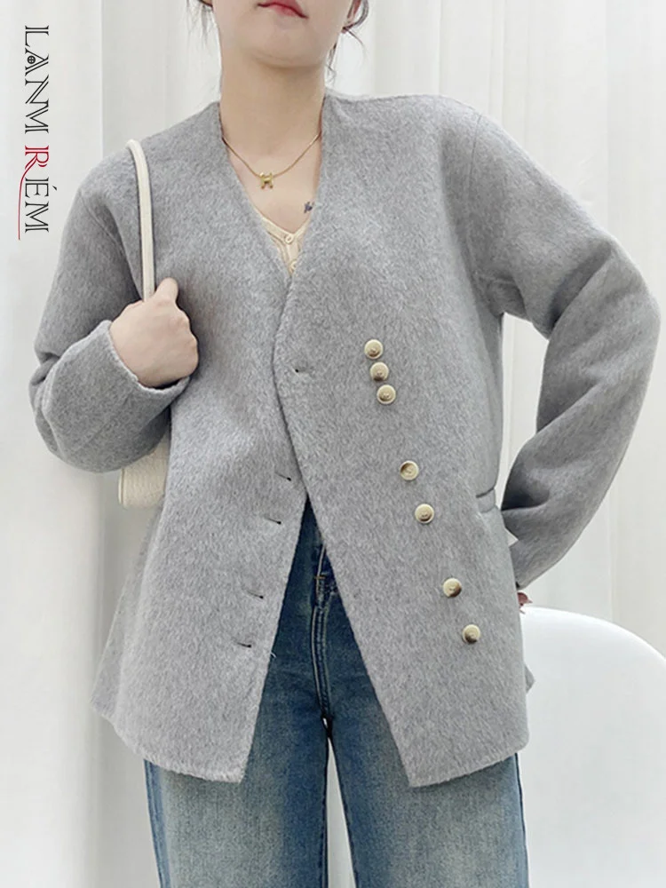 

LANMREM Women High End Wool Jackets Solid Color V Neck Single Breasted Coat Casual 2023 Autumn And Winter New Clothing 2AA1992