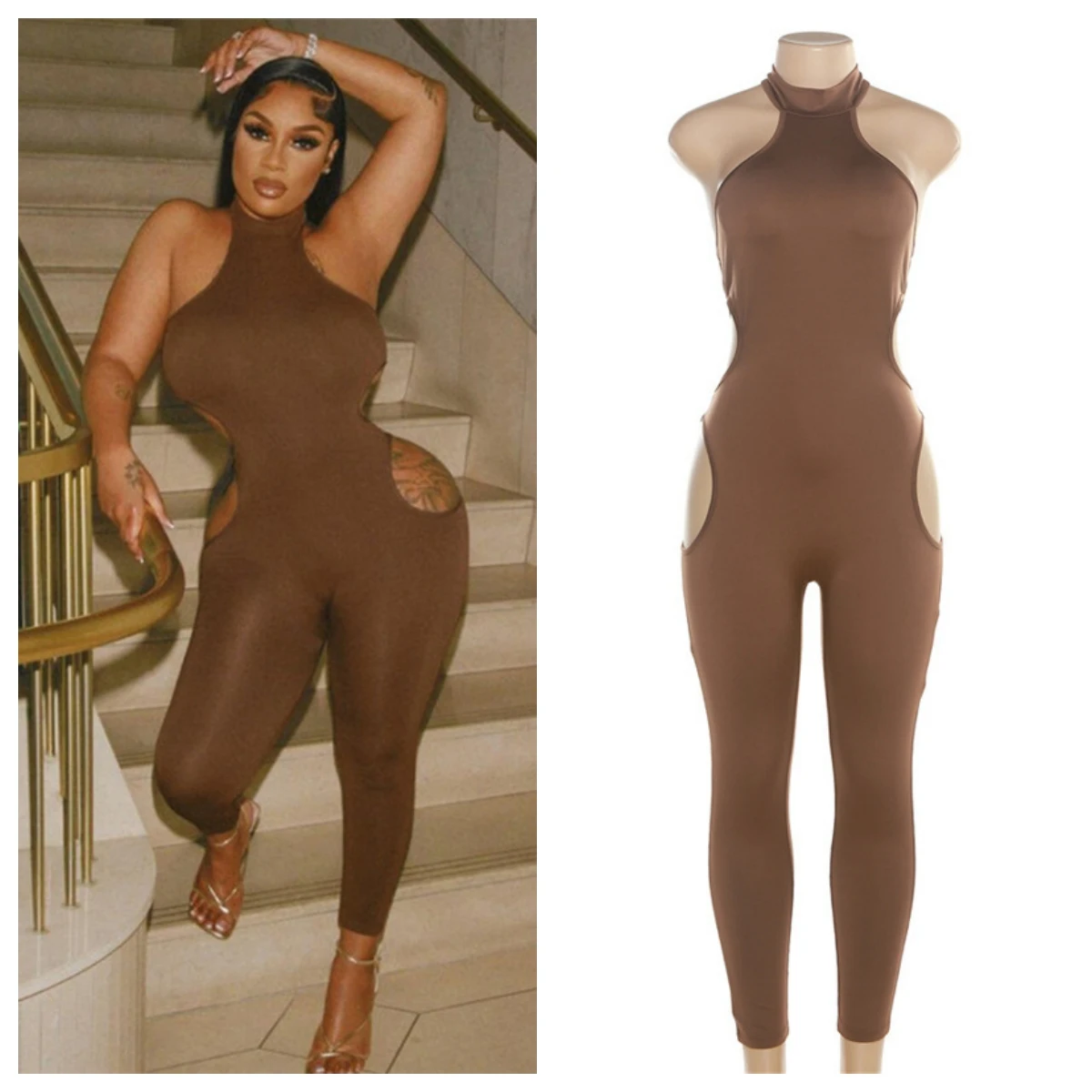 

Solid Black Cut Out Skinny Jumpsuits Women Summer Sexy Halter Backless Hipster Romper Casual Fitness Overalls Ladies Tracksuits