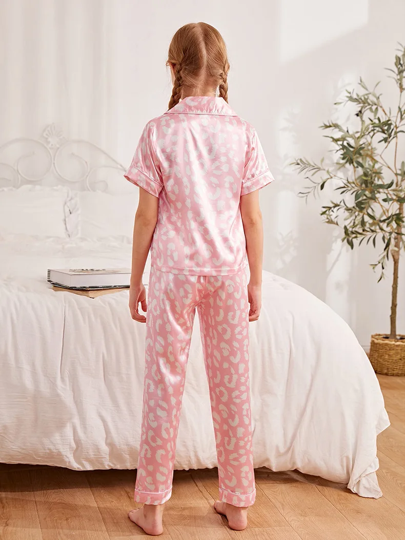 Satin Girls Pajamas Set Stripe Printed Summer Childreen Pijama 2 Pieces Short Sleeve Sleepwear Silk Gril Homewear Casual Long cotton pajama sets