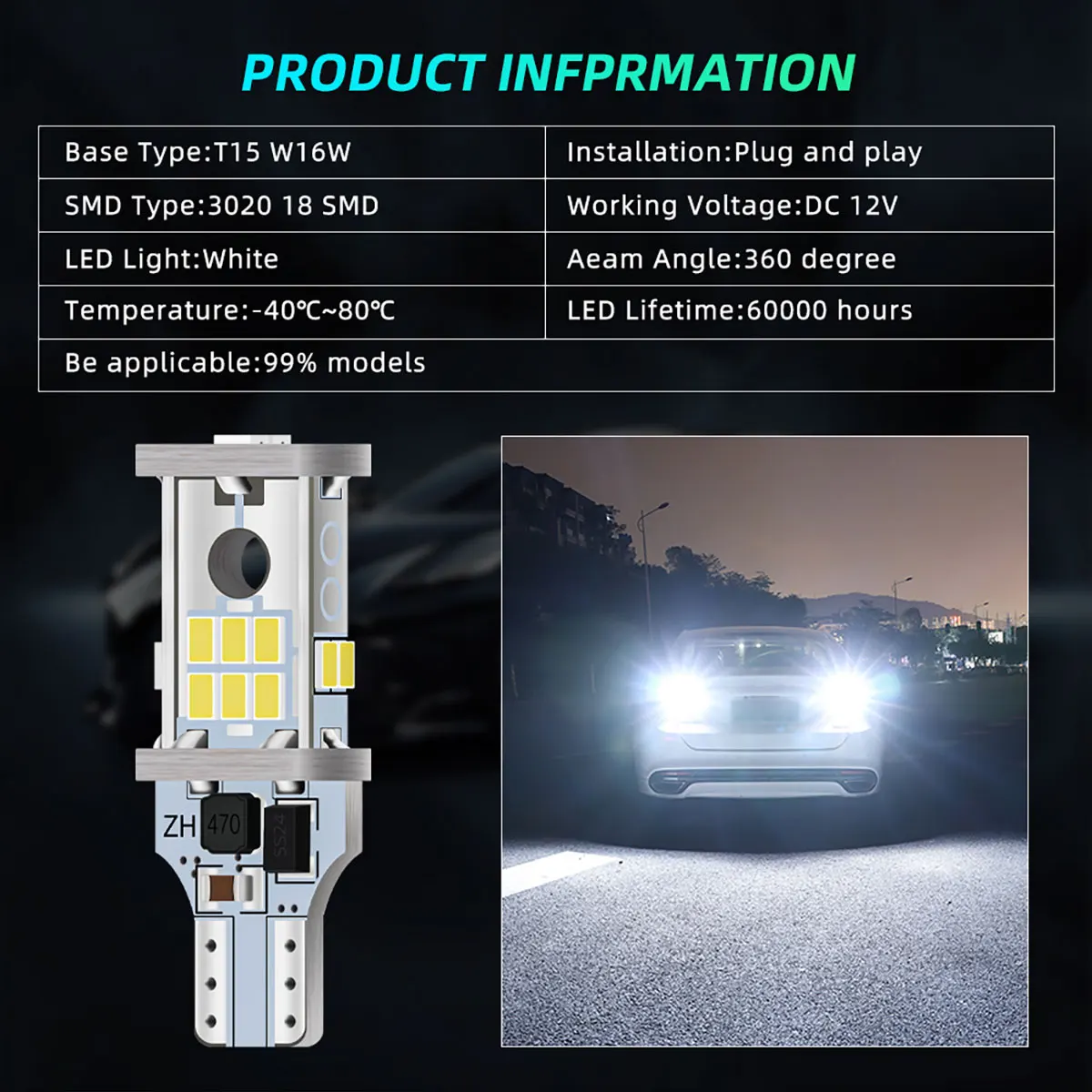 �ڵ��� ��� ������� ĵ���� LED ����, T15 W16W, ���� ���� 3020, 12V ���, ������ ���� ����, 2 ��