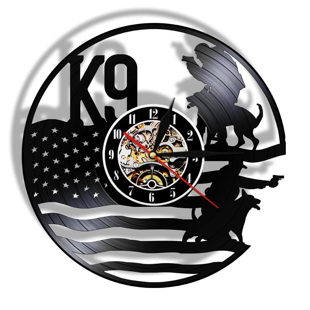 

K9 Policeman And Military Dog 3D Wall Clock Black Hanging Vinyl Record Wall Clock Personality Wall Art Decor For Police Office