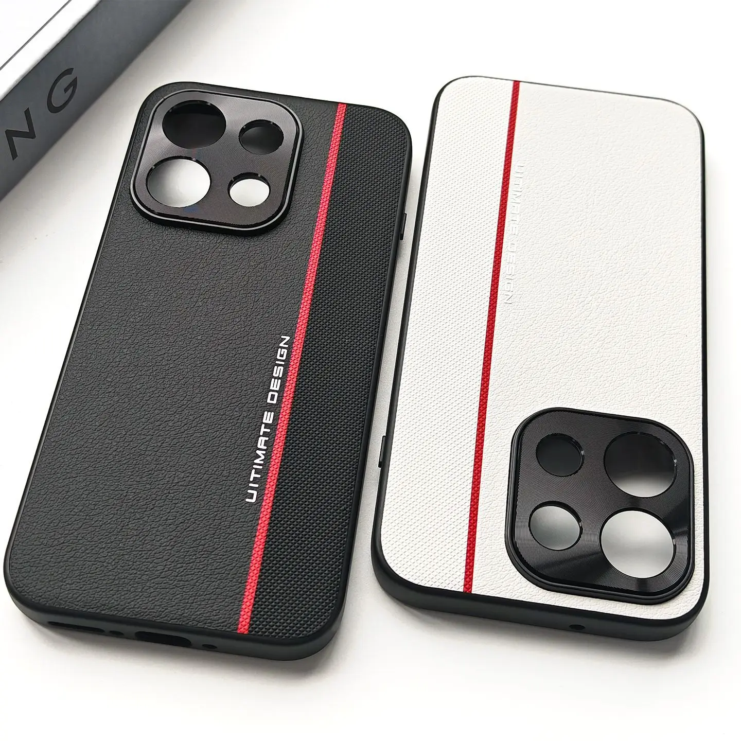 Stylish Red Line Textured PU Leather Phone Case with Metal Camera Protection and Shockproof Design
