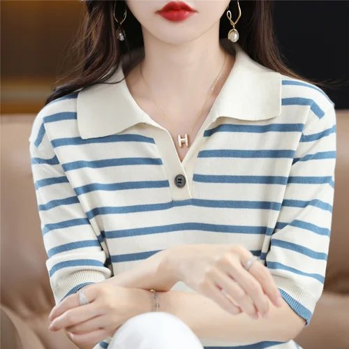 여성용 반팔 단색 폴로 셔츠, 캐주얼 코튼 스트라이프 티셔츠, 여성 의류, 2023 캐주얼 니트 탑, 여름 2