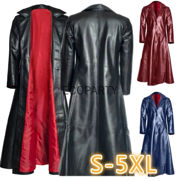 Mens Risvolto Gotico Punk Cappotto Lungo Nero Giacca Lunga In Pelle Invernale Goth Vampire Coat Dark Knight Cool Cape Coat