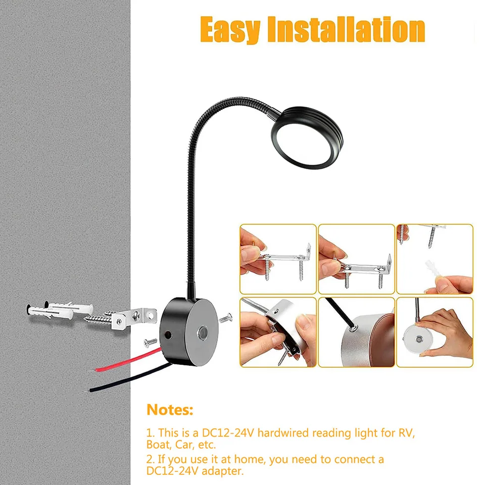 Lampe Murale LED LUMINTURS Avec Port USB - Col De Cygne - 3W 12/24V - Noire